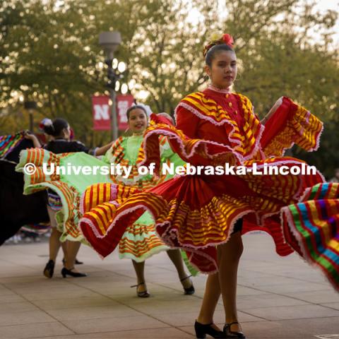 Dancers performing a traditional  dance. Fiesta on the green at the Nebraska Union Plaza. Fiesta on the Green is an annual Latino culture and heritage festival. October 5, 2023. Photo by Kristen Labadie / University Communication.